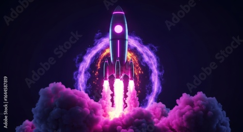Futuristic Rocket Launch with Vibrant Neon Lights and Energetic Purple Smoke.