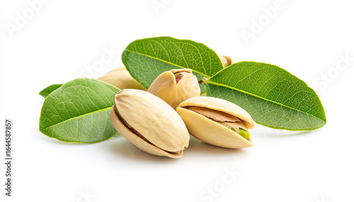 Wallpaper Mural A small pile of pistachios, some open and some closed, are shown with green leaves on a white background, highlighting their color and texture. Torontodigital.ca