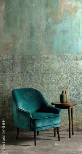 Teal velvet armchair, side table, grunge wall, interior design