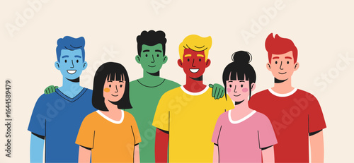 A diverse group of young people standing together, smiling and embracing, representing friendship, diversity, and community.