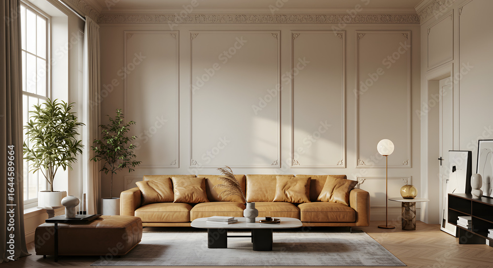 Fototapeta premium Elegant modern classic living room with a plush tan leather sofa and ornate wall molding.