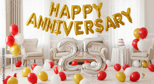 Festive 25th Anniversary Party Decor with Gold Balloons, Silver Number Twenty-Five, and Colorful Balloons.