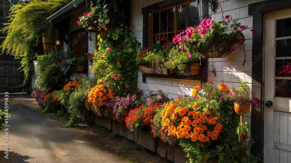 Naklejka premium Vibrant display of colorful flowers adorns exterior of charming building, showcasing variety of blooms in hanging baskets and window boxes. scene evokes sense of warmth and tranquility