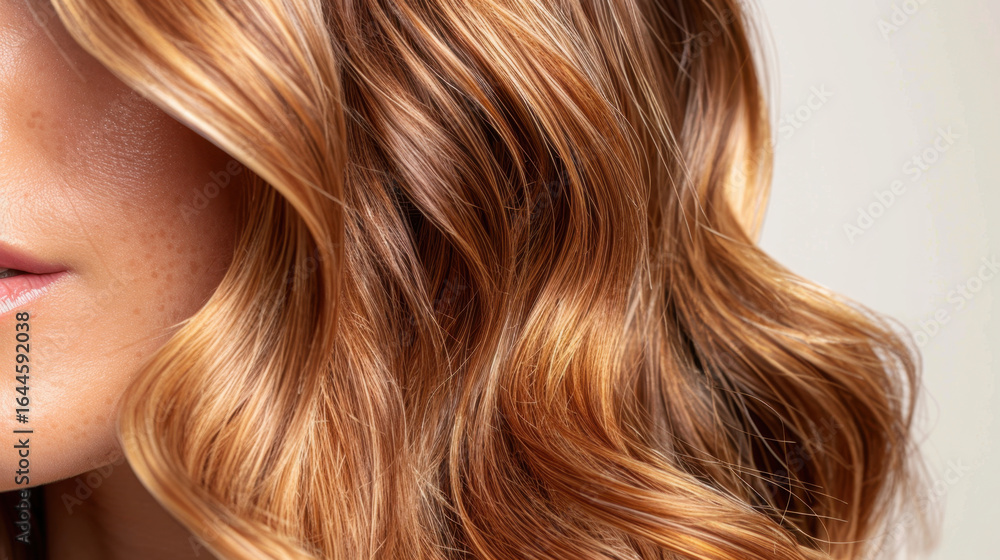 Fototapeta premium Luxurious wavy hair with rich golden and copper tones, showcasing vibrant and healthy appearance. soft curls create sense of elegance and beauty