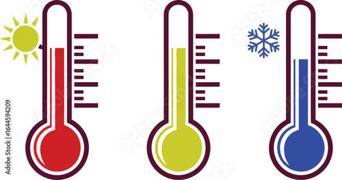 Three thermometers showing different temperatures: hot with a sun, moderate, and cold with a snowflake.