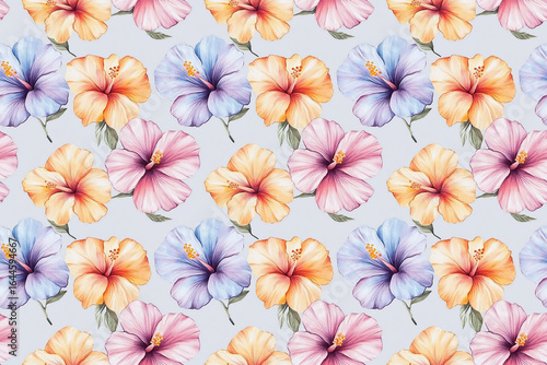 A vibrant pattern of hibiscus flowers in shades of pink, orange, and blue against a light gray background, creating a lively, tropical aesthetic.