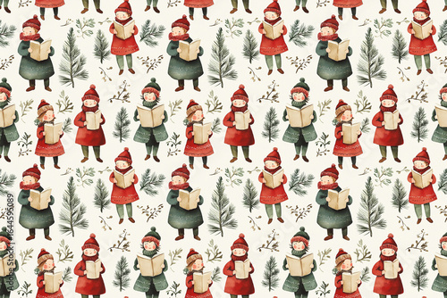 A whimsical pattern featuring cheerful children in winter attire, singing carols among evergreen branches, perfect for festive decorations or holiday-themed designs.