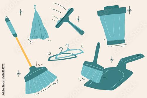 Minimal flat design of cleaning tools including broom, cloth, squeegee, trash bin, hangers, brush, and dustpan.