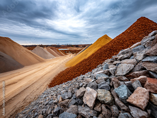 Landscaping Materials in a Quarry With Colorful Piles of Sand and Gravel Under a Cloudy Sky