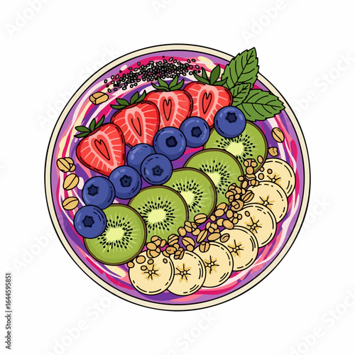 Vibrant acai bowl overflowing with fresh berries, kiwi, banana slices, and granola for a healthy breakfast.