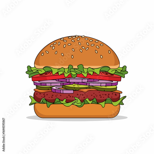 Juicy layered cheeseburger bursting with fresh lettuce, tomato, onion, and pickles on a sesame seed bun