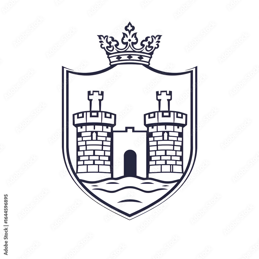 Fototapeta premium Royal emblem featuring two towers within a shield outline, representing nobility and fortress strength.