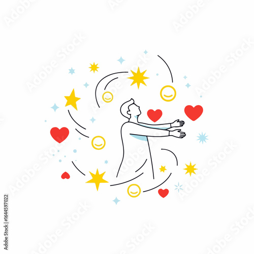 Man embracing dreams and positivity, surrounded by stars, hearts, and happy faces, conveying hope and aspiration.