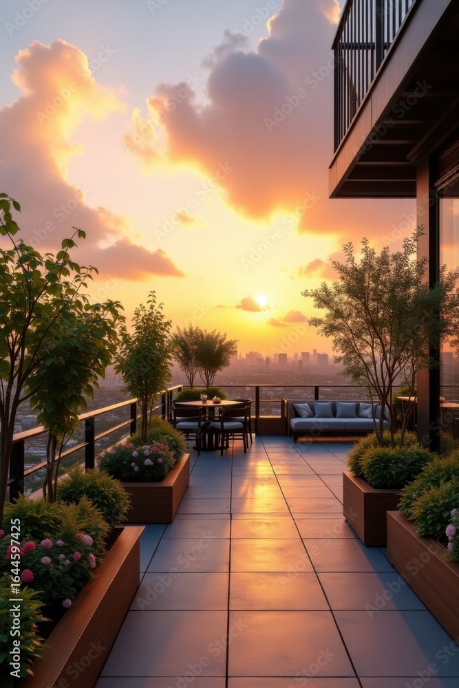 Fototapeta premium Beautiful Cityscape Balcony at Sunset with Lush Greenery and Comfortable Seating