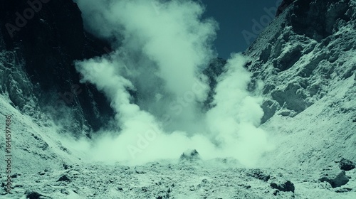 Volcanic vent with billowing steam. Steep, rocky mountains surround a steaming crater