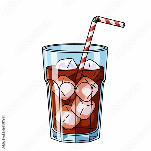 Refreshing iced cola with striped straw in clear glass, perfect for summer refreshment and beverage ads.