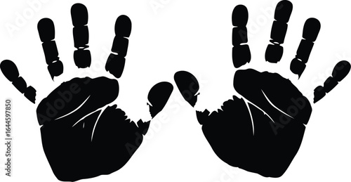 Two black handprints facing forward, showcasing fingers and palms in a symmetrical arrangement on a white background.
