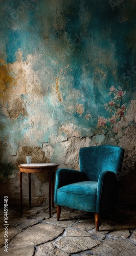 Teal armchair, side table, antique wall, stone floor, quiet room