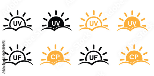 Ultraviolet Rays Silhouette Yellow Icon. Sunblock Protection Defense Skin Care Icon. Sunshine protection symbols, UV, UF, and CP sun icons for sunscreen and skincare products