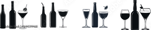 Cocktail and drinking glasses and bottles as depicted in a modern illustration