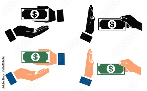 Receiving Money Icon.Hands offering money or refusing payment financial decisions shown in economic illustrations and transactions Vector Illustration