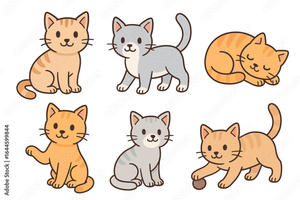 Obraz premium Cute Vector Cats in Various Poses - Flat Cartoon Style
