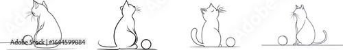 A sitting cat is positioned on a white isolated background where a continuous line is also drawn