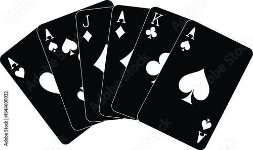 A hand of five playing cards, showing two Aces, a Jack, and a King, all in black and white.