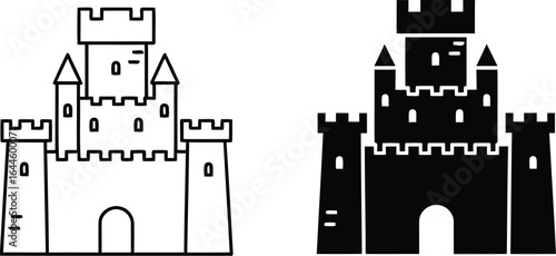 Two castle icons, one outlined in white and one solid black silhouette, both with towers and arched entrances.
