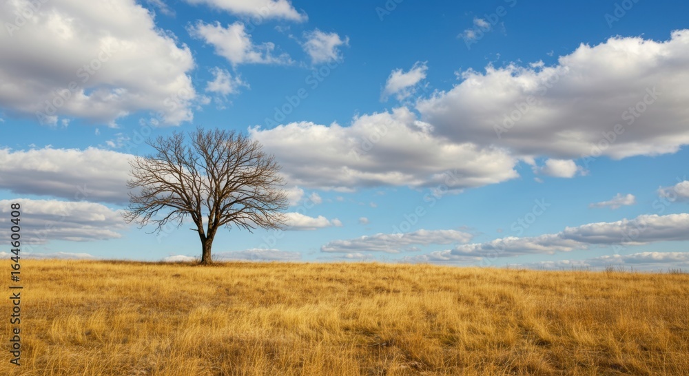 Solitary bare tree stands tall in a golden field under a vast blue sky with fluffy clouds Solitary bare tree stands tall in a golden field under a vast blue sky with fluffy clouds