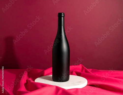 A matte black wine bottle on a white circular stand, draped with crimson fabric against a maroon background