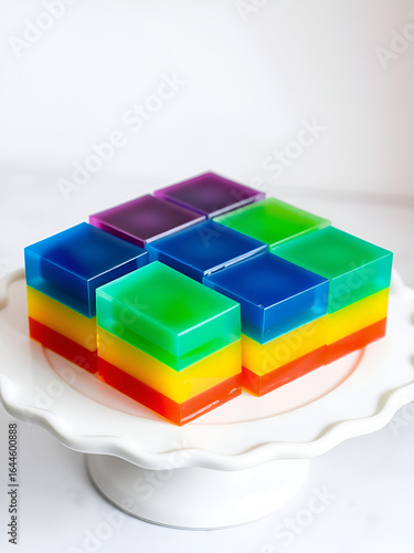 Gelatin Dessert Homemade on cakestand on light background. Glaze dessert for kids and adults. Multicolored gelly cut into square pieces on a big plate.