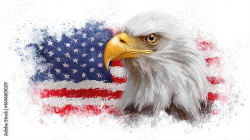 head of a bald eagle and American flag of United States on a white isolated background. banner template. Independence, pride and patriotism in America