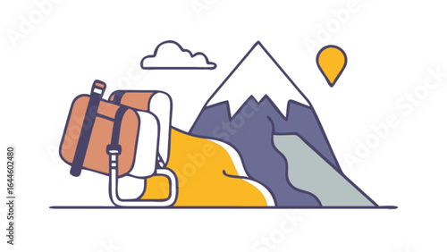 Hiking adventure with backpack and mountain view vector illustration for outdoor travel and tourism concept