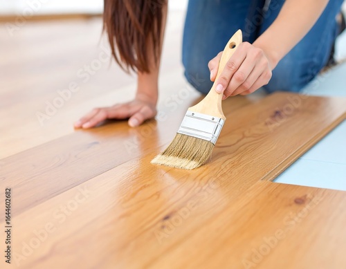 Woman painting new wooden floor