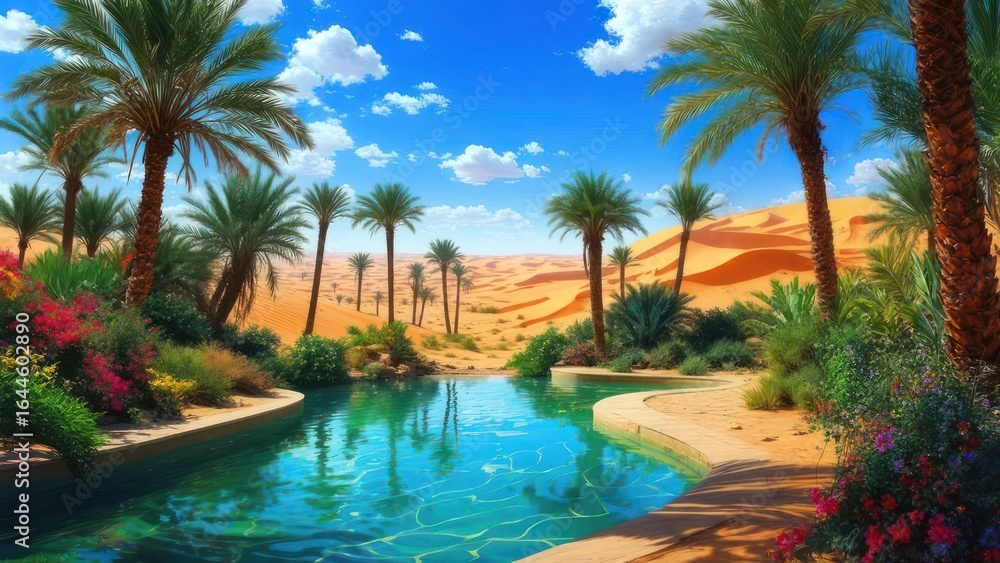 Fototapeta premium Vibrant Desert Sanctuary: A Crystalline Pool Amidst Golden Dunes and Lush Palms