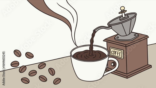 Brewing fresh coffee with vintage grinder and roasted beans for a delicious morning beverage experience