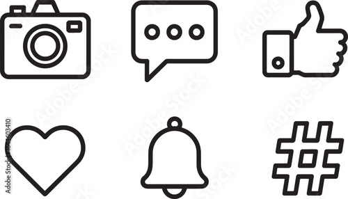 camera comment like heart notification hashtag icons simple line art symbols for social media network photography feedback love alert tag share
