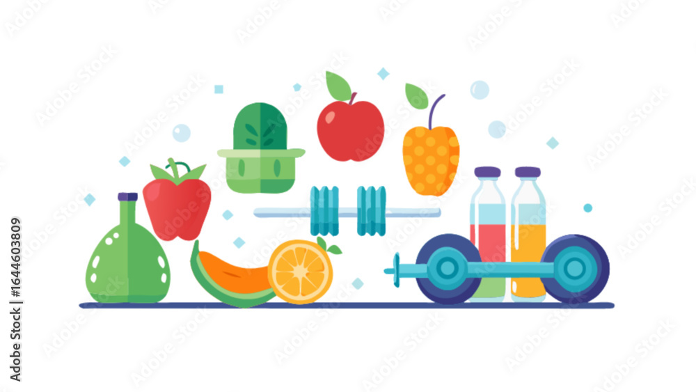 Obraz premium Healthy lifestyle fitness and nutrition concept with fruits vegetables and weightlifting equipment vector design