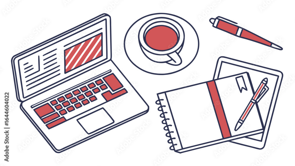 Fototapeta premium Workspace illustration with laptop coffee notebook and pen for productivity and work from home concept