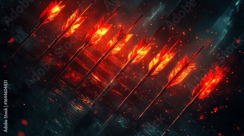 Flaming arrows on wooden surface, dark background with sparks