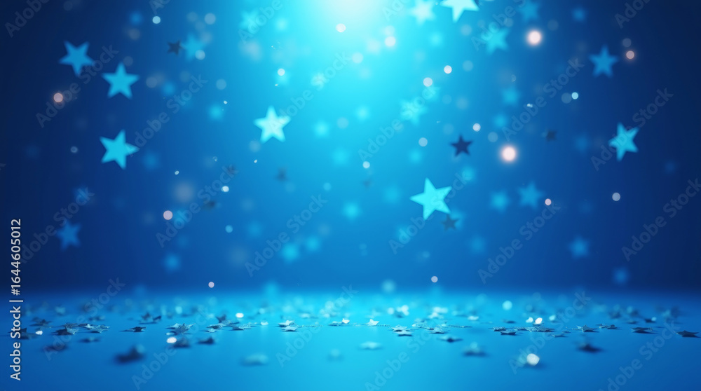 Obraz premium Falling silver and blue stars on blue surface, for festive or celebration-themed designs