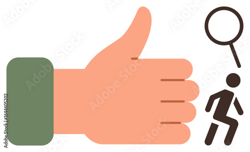 Large thumbs-up icon alongside a magnifying glass and running figure representing approval, recognition, evaluation, progress, tracking, motivation, and achievement in a simple flat metaphor