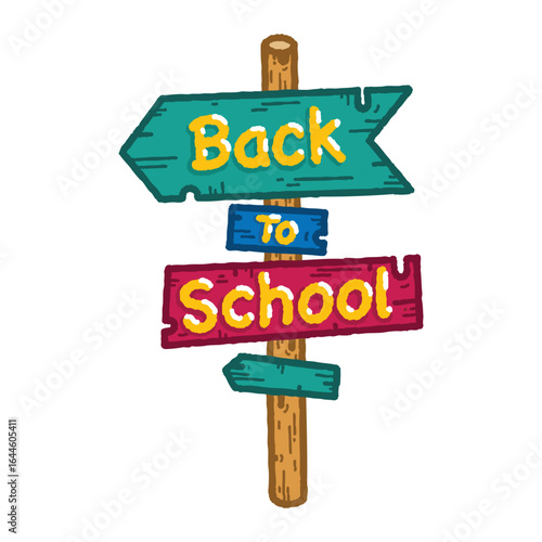 ''Back to School'' text on wooden signpost in hand-drawn doodle vector style. Isolated on white background. perfect for kids, school, or education themes.