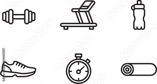 dumbbell treadmill water bottle sneaker stopwatch yoga mat icons simple line art symbols for fitness gym workout exercise healthy lifestyle sport training equipment