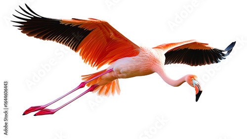A flamingo in flight. This flamingo is pink with black wingtips. The background is transparent.
