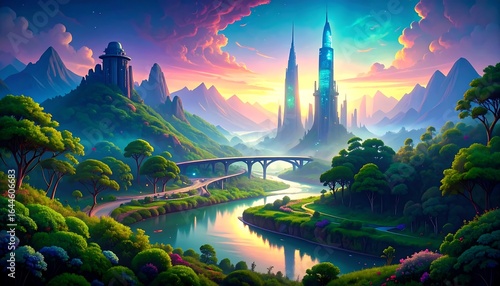 Fantasy landscape river bridge scenery