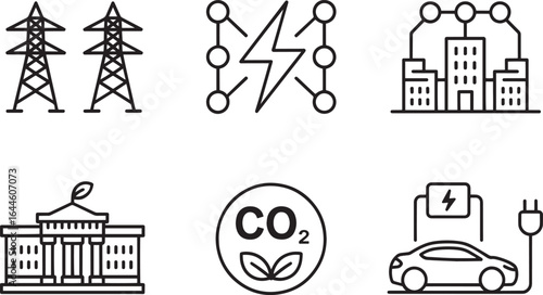 power lines electricity network smart city government building co2 emissions electric car charging icons simple line art symbols for energy infrastructure green technology sustainability