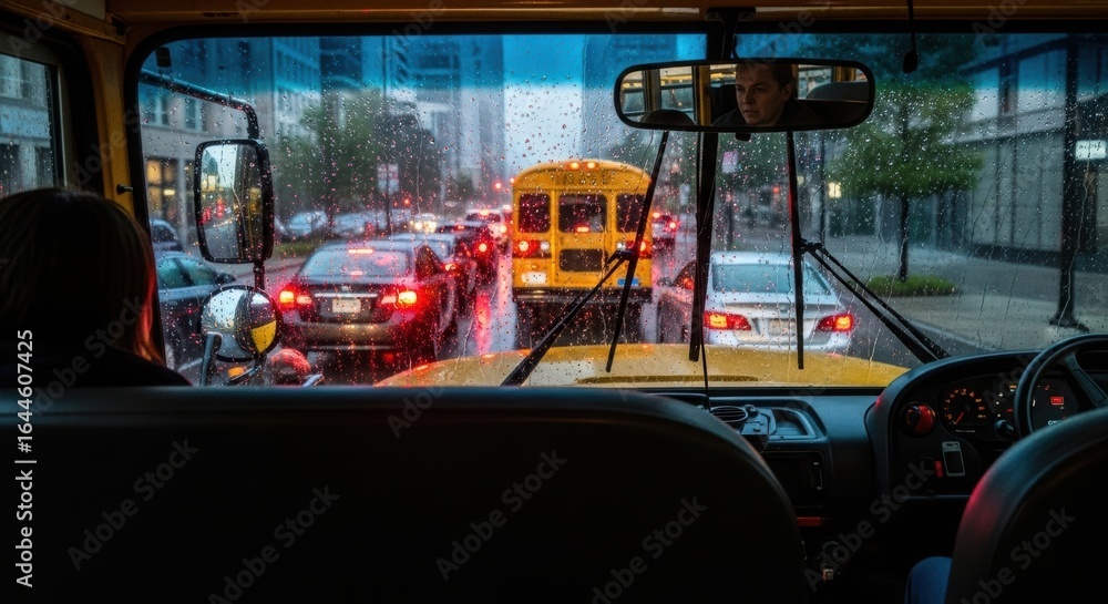 Naklejka premium View from Inside a School Bus on a Rainy Day, Looking Out at Traffic and Wet Roads