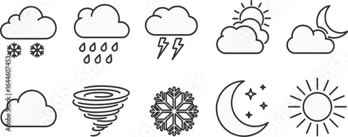 A set of ten weather icons in outline style, depicting snow, rain, lightning, sun behind clouds, moon behind clouds, cloud, tornado, snowflake, moon with stars, and sun.